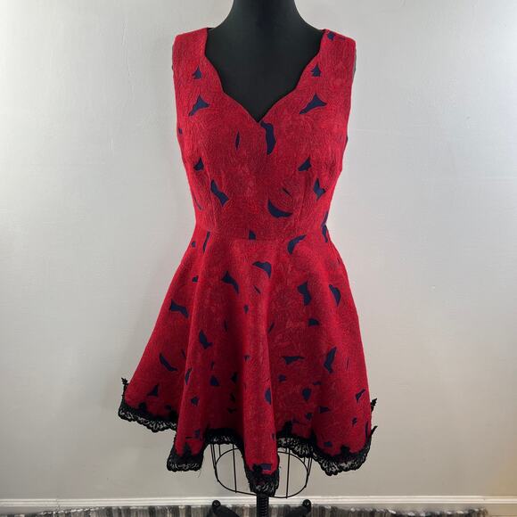 ALBERTO MAKALI Jacquard Fit & Flare Dress Red Blue Sleeveless Lace Trim Size 8 - Picture 2 of 12